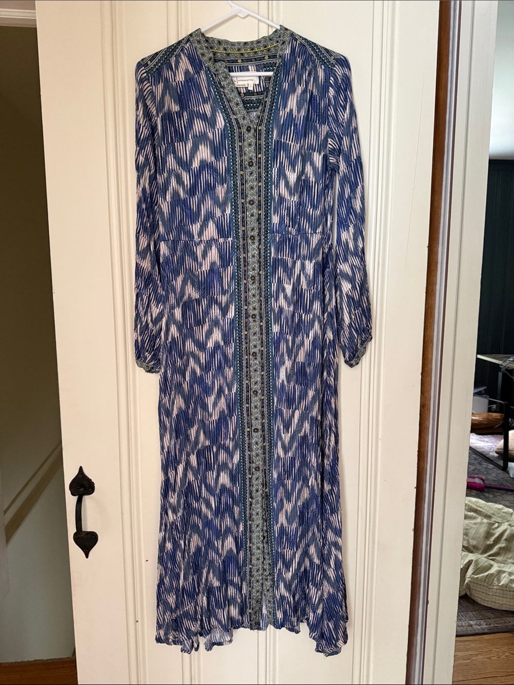 Anthropologie Blue Patterned Maxi with Trim Detail